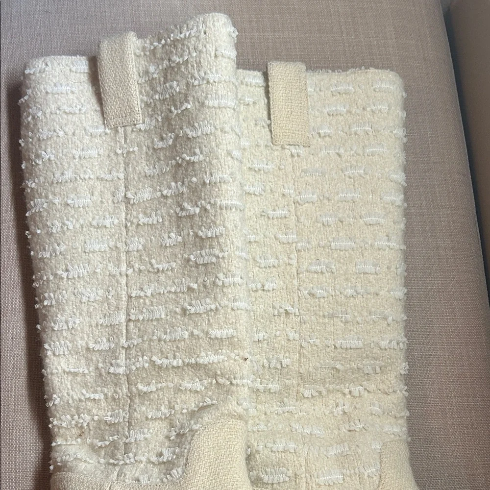 CHANEL Cream and Black Tweed Knee Boots